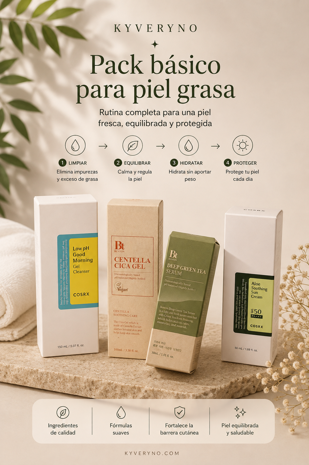 RUTINA BÁSICA · PIEL GRASA - Equilibra, hidrata y protege tu piel con una rutina sencilla de 4 pasos.