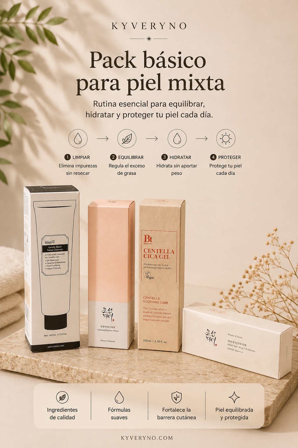 RUTINA BÁSICA · PIEL MIXTA - Equilibra, hidrata y protege tu piel con una rutina sencilla de 4 pasos.