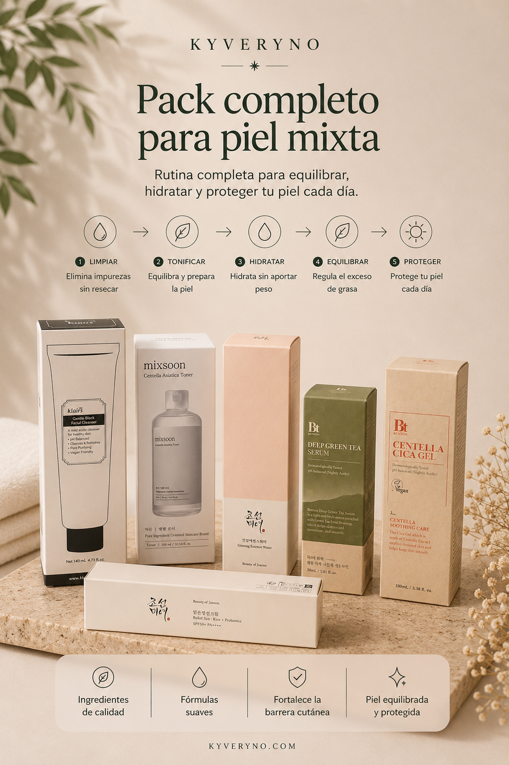 RUTINA COMPLETA · PIEL MIXTA - Equilibra, hidrata y protege tu piel con una rutina completa de 6 pasos.