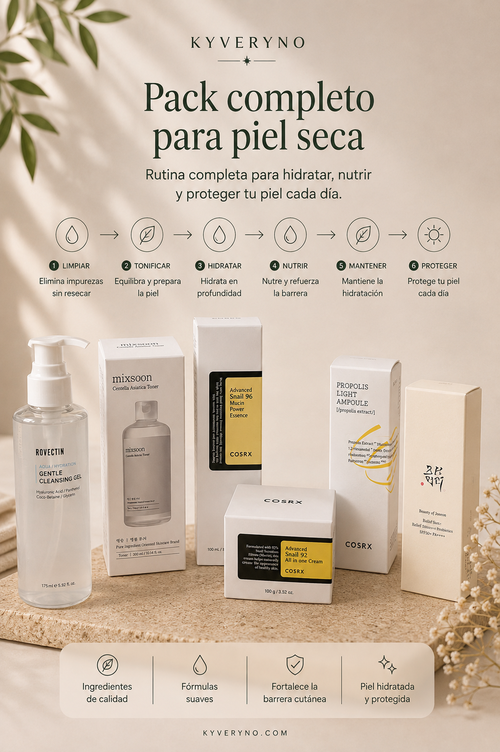 RUTINA COMPLETA · PIEL SECA - Hidrata, nutre y protege tu piel con una rutina completa de 6 pasos.
